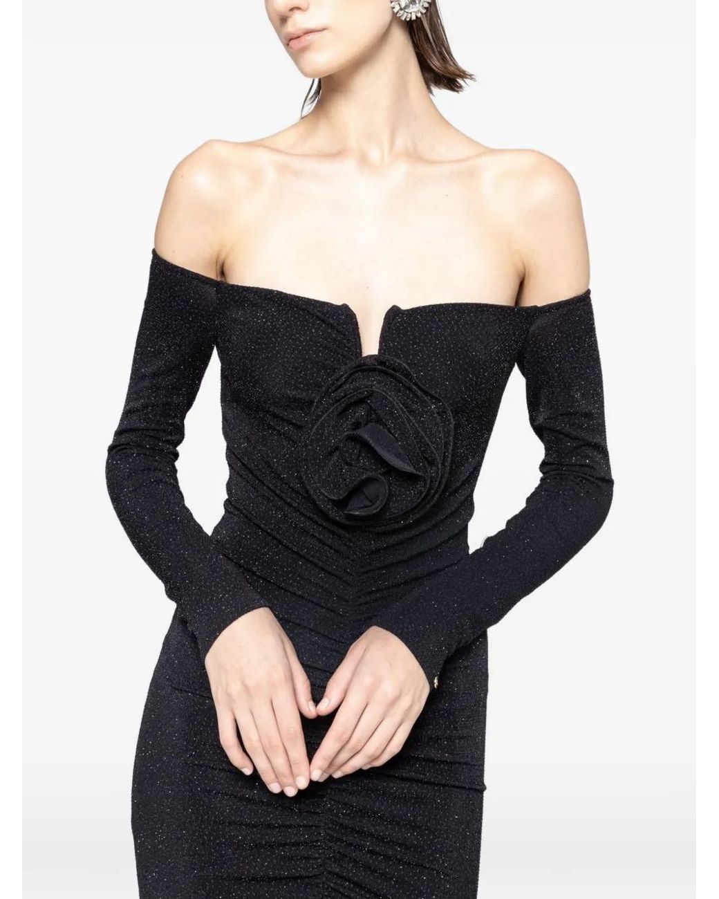 Nissa Black Floral-Detail Ruched Maxi Dress