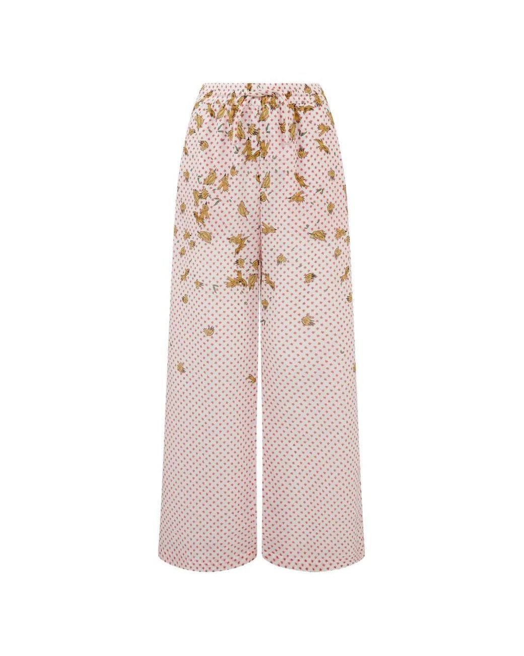 Donde Esteban Pink Bird-Print Drawstring Wide-Leg Trousers