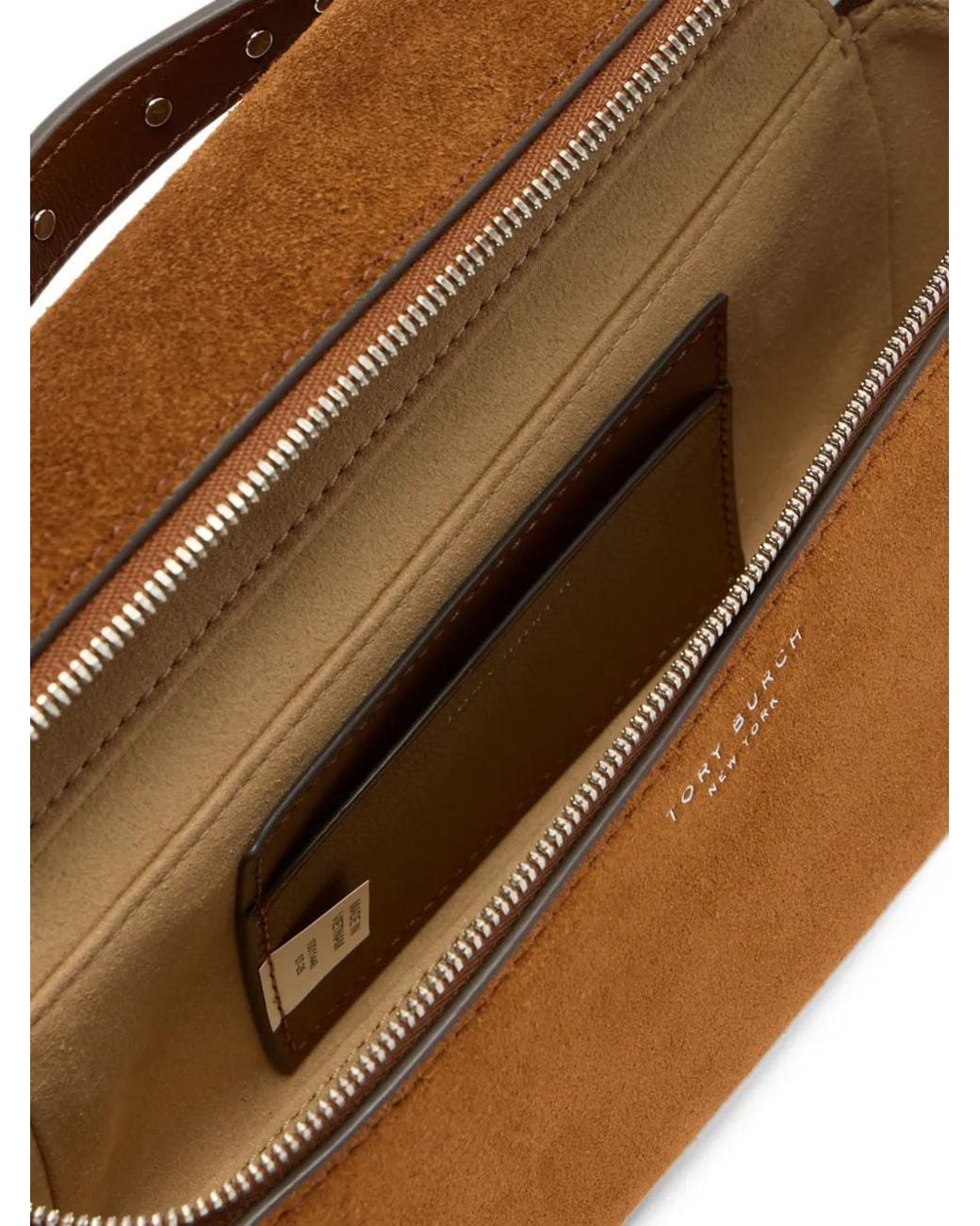 Tory Burch Brown Romy Studded Suede Slim Top Handle Bag