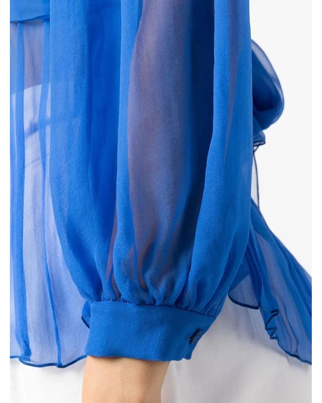 Alberta Ferretti Blue Ruched Sheer Ruffle-Neck Blouse