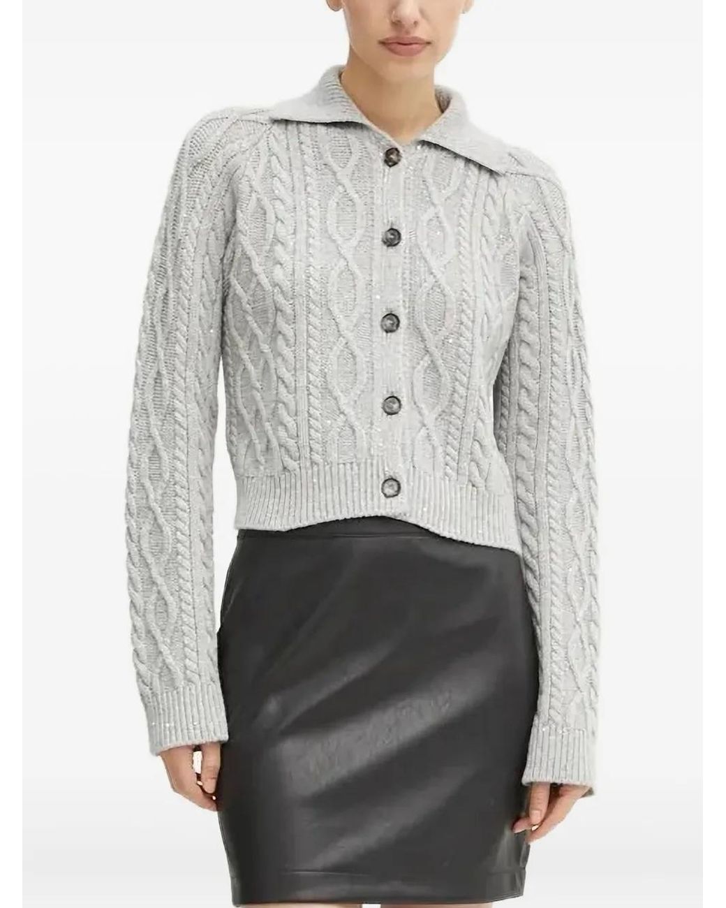 Liviana Conti Gray Cable-Knit Sequin-Embellished Cardigan