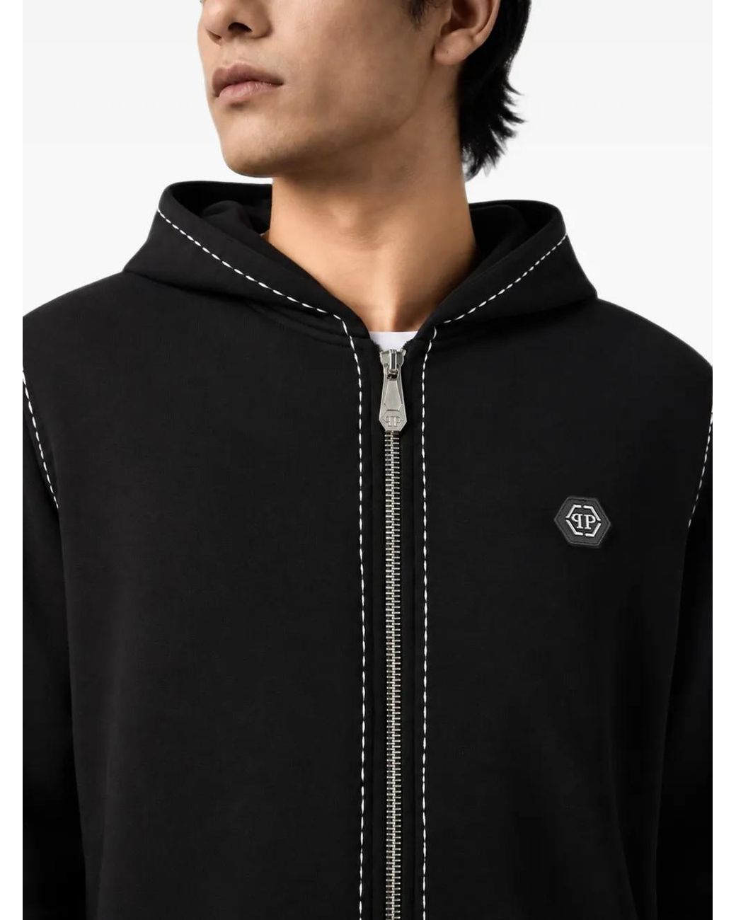 Philipp Plein Black Zip Hoodie Stichthing Logo for men