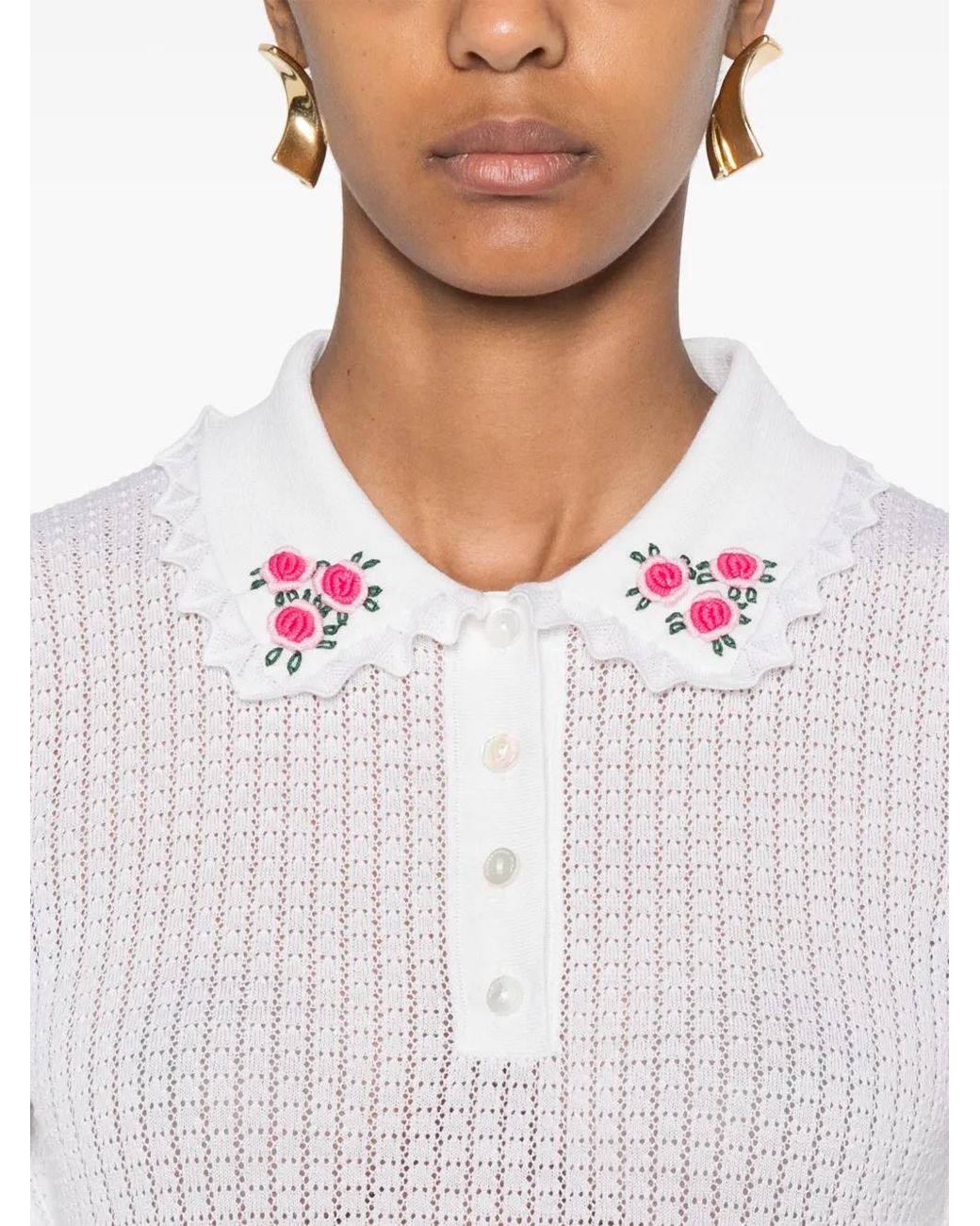 Alessandra Rich White Embroidery Lace-Knit Sweater