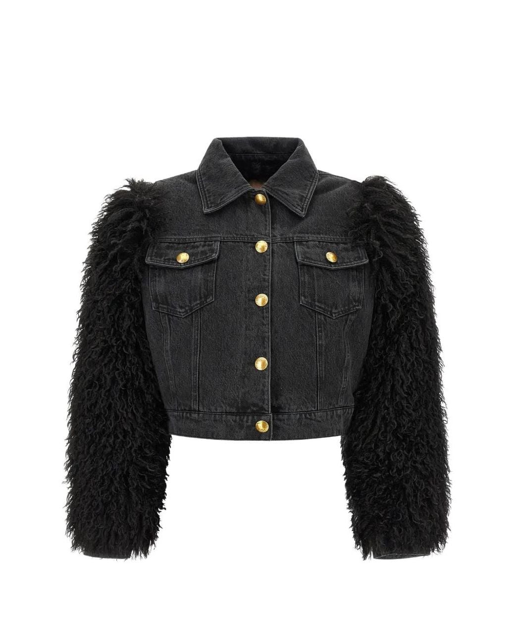 Twinset Black Textured-Sleeve Cropped Denim Jacket