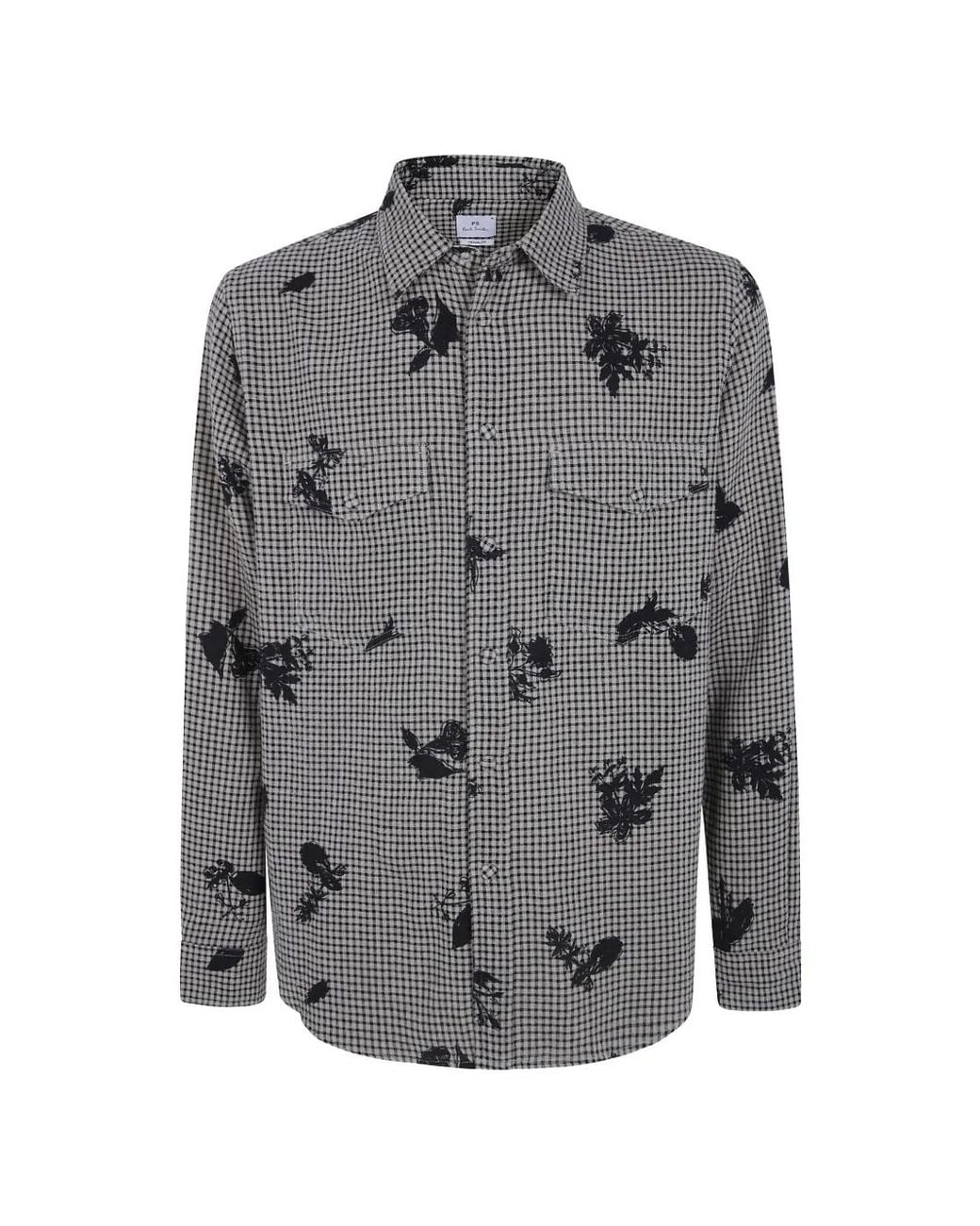Paul Smith Gray Floral-Print Gingham Shirt for men