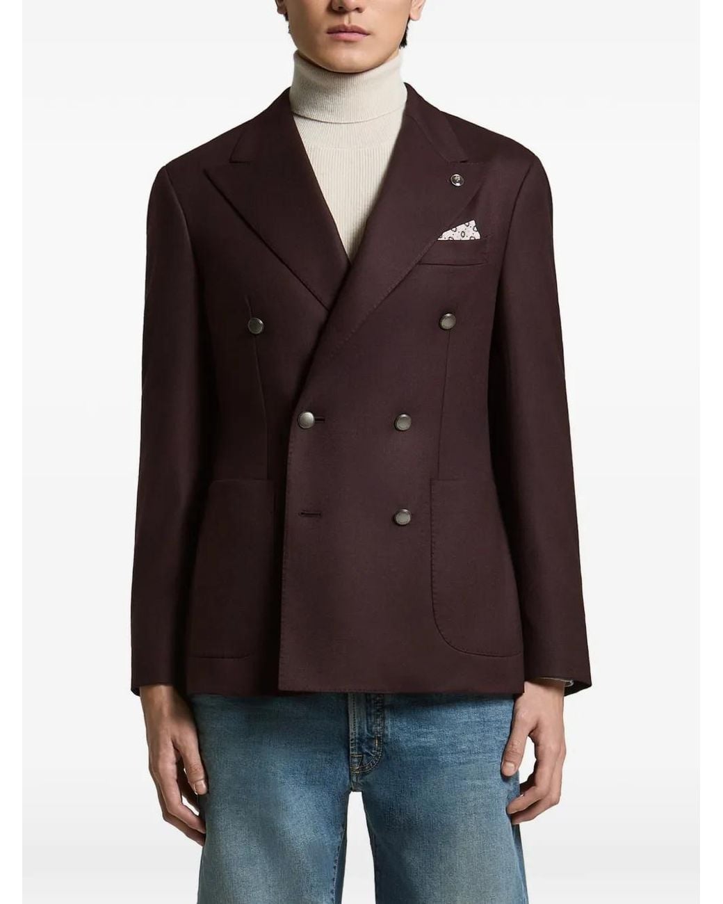 Peserico Brown Double-Breasted Peak-Lapel Jacket for men