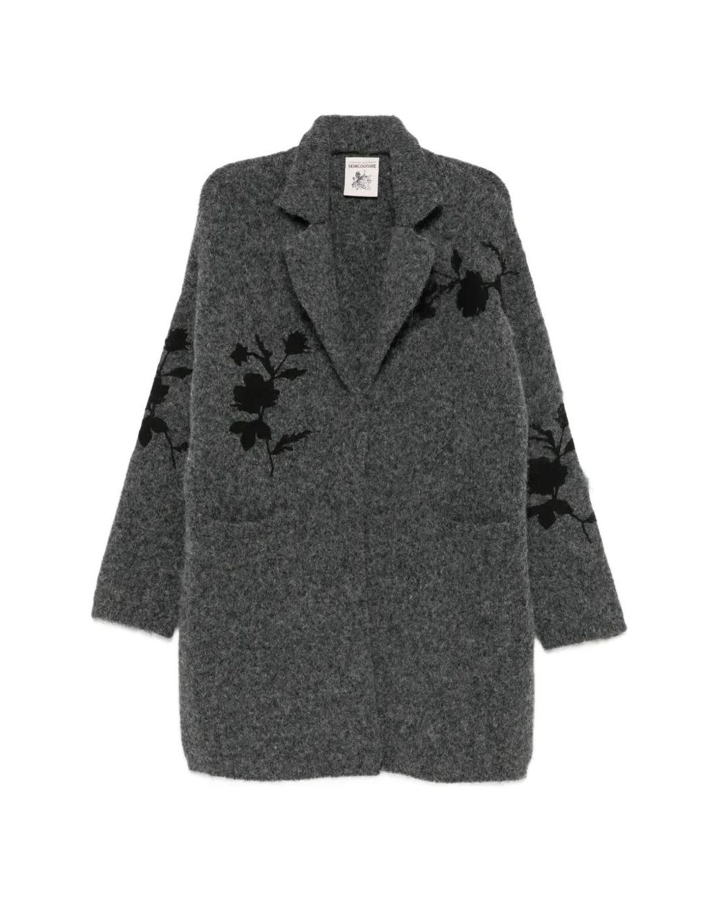 Semicouture Gray Floral-Intarsia Notched-Lapels Coat