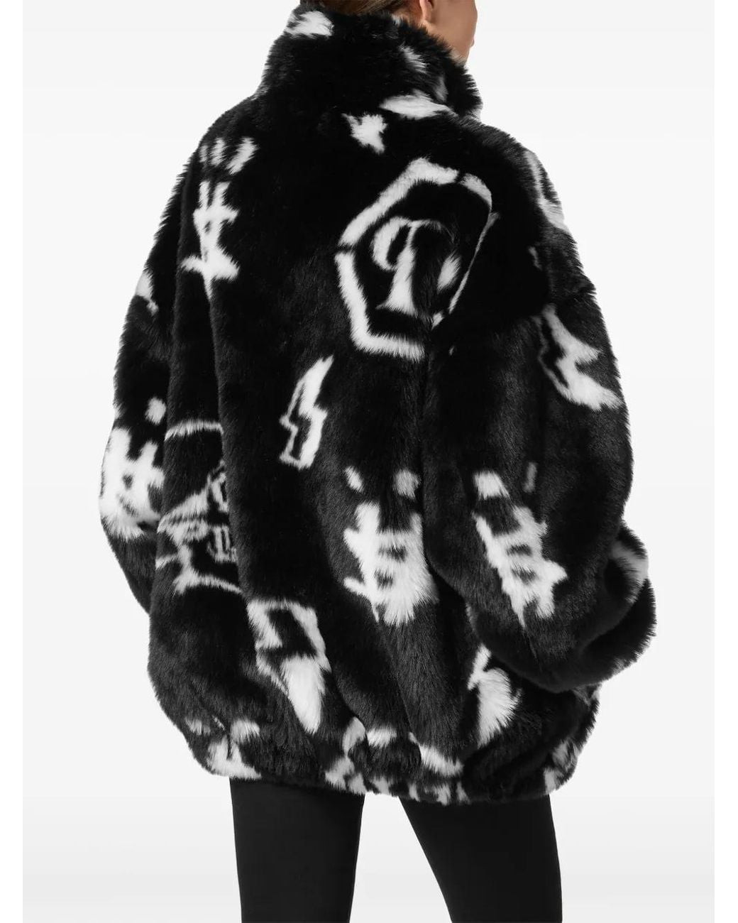 Philipp Plein Black Monogram-Print Faux Fur Coat
