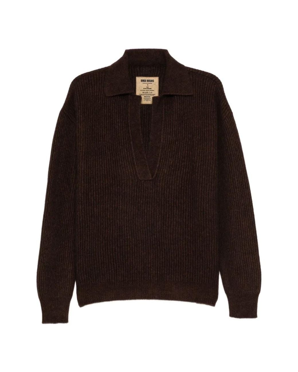 Uma Wang Brown Ribbed-Knit Polo-Collar Sweater