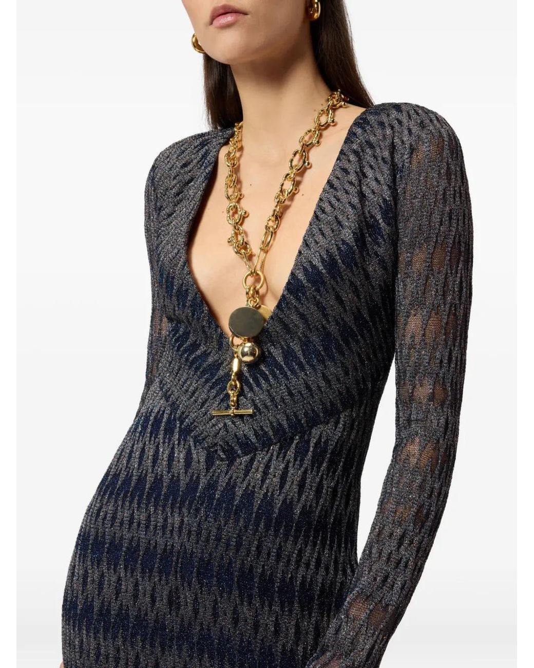 Missoni Blue Long-Sleeve V-Neck Maxi Dress
