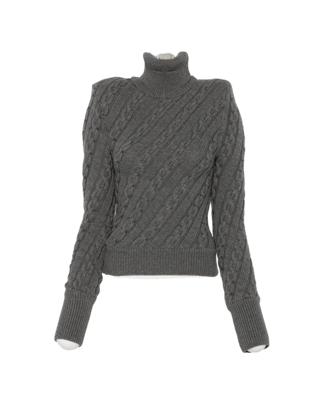 MATIERES FECALES Gray Cable-Knit Padded-Shoulder Sweater