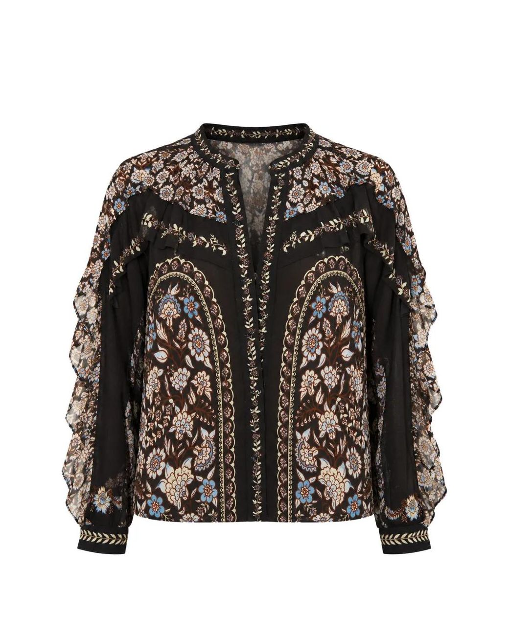 Farm Rio Black Daniela Long-Sleeve Ruffled Blouse