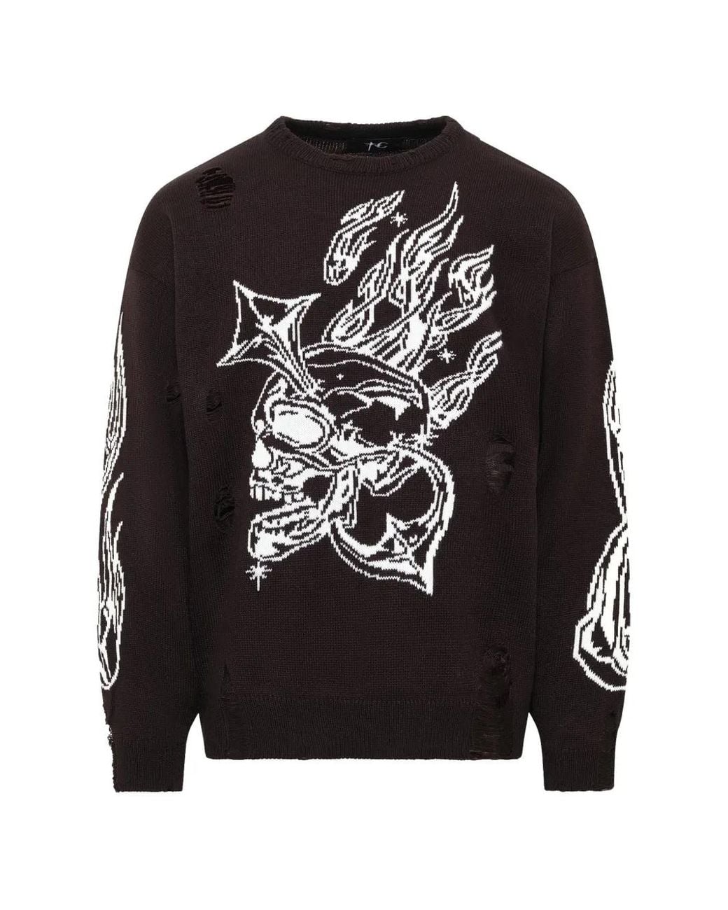 THUG CLUB Black Chrome Skull Distressed-Knit Sweater for men