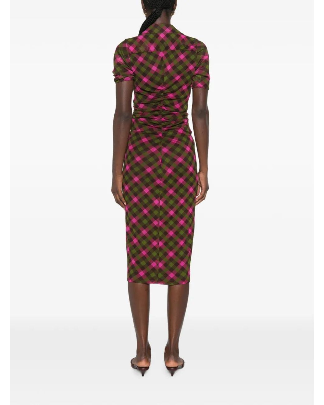 Diane von Furstenberg Brown Zoey Gingham-Print Ruched Midi Dress