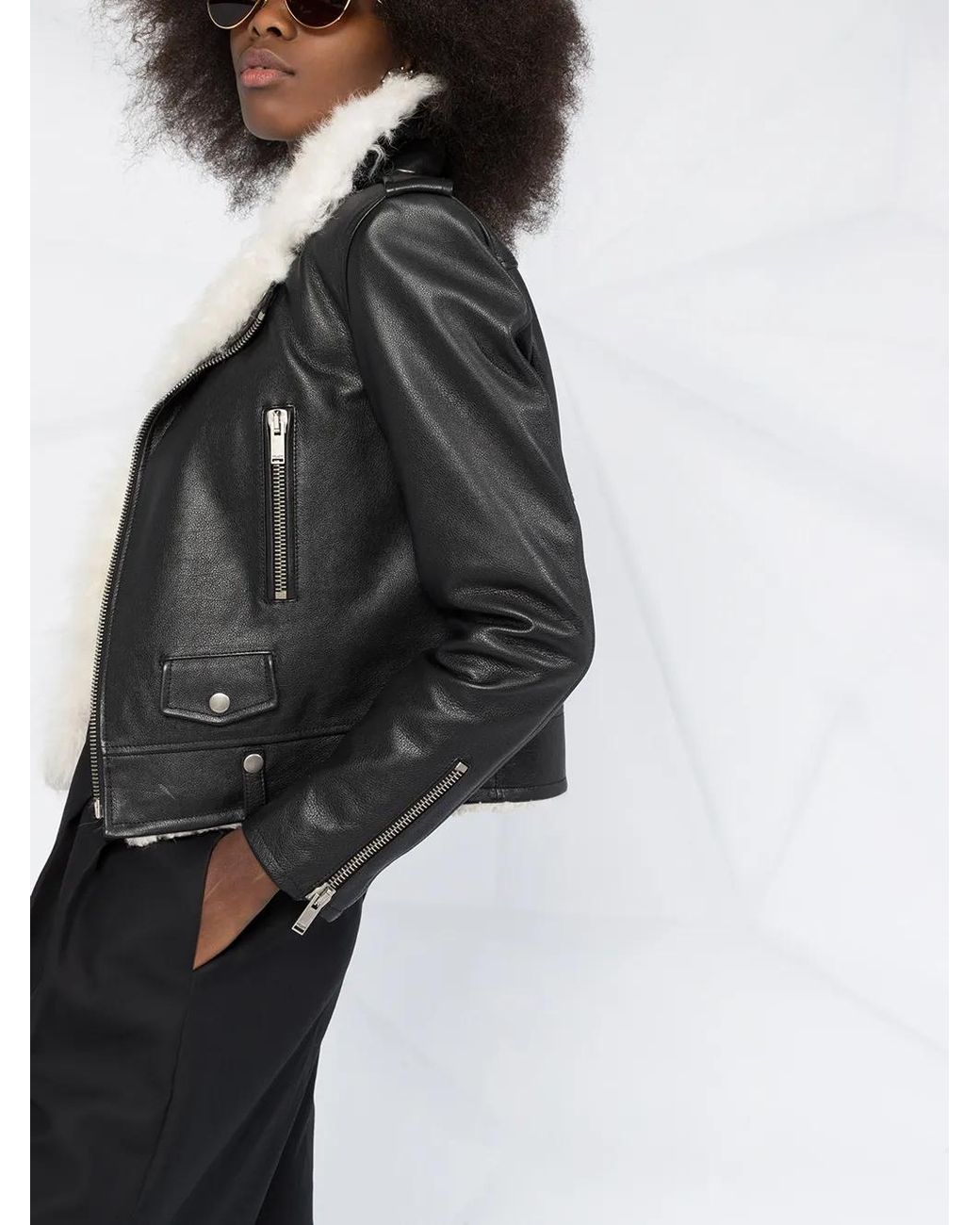Saint Laurent Black Veste Biker En Cuir Grainé Et Shearling
