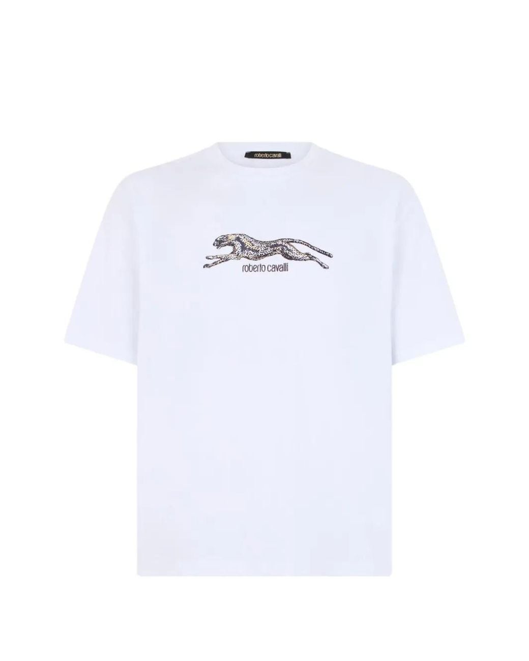 Roberto Cavalli White Cheetah-Print Logo-Print T-Shirt for men