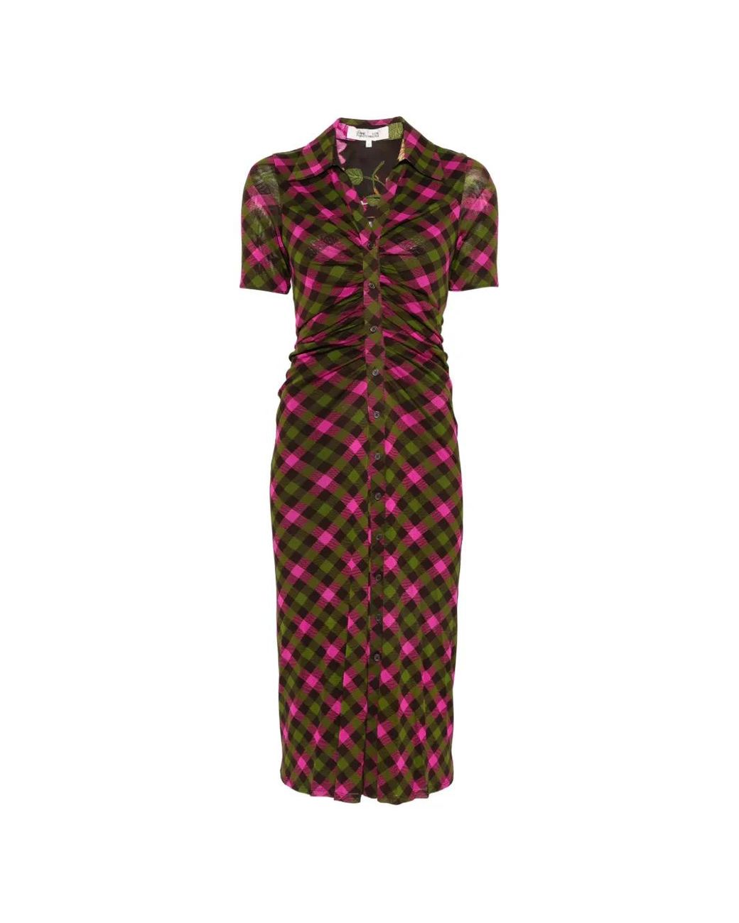 Diane von Furstenberg Brown Zoey Gingham-Print Ruched Midi Dress
