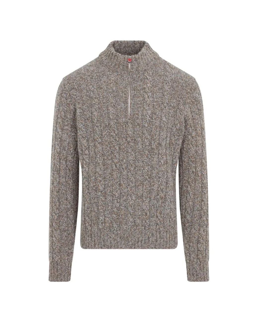 Kiton Gray Cable-Knit Quarter-Zip Sweater for men
