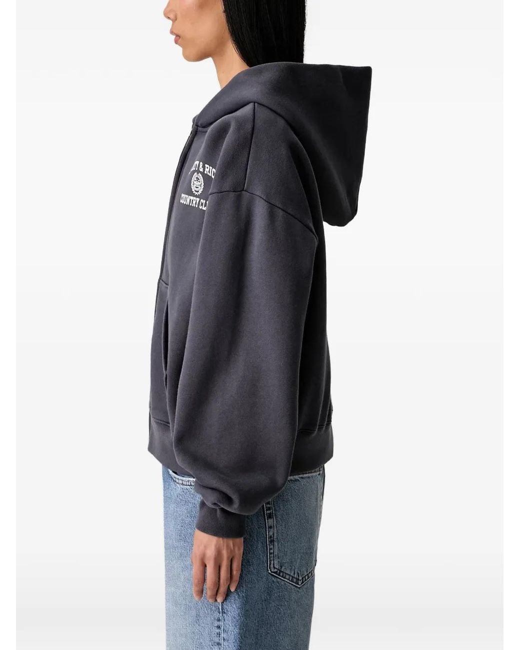 Sporty & Rich Black Logo-Print Zip-Up Hoodie