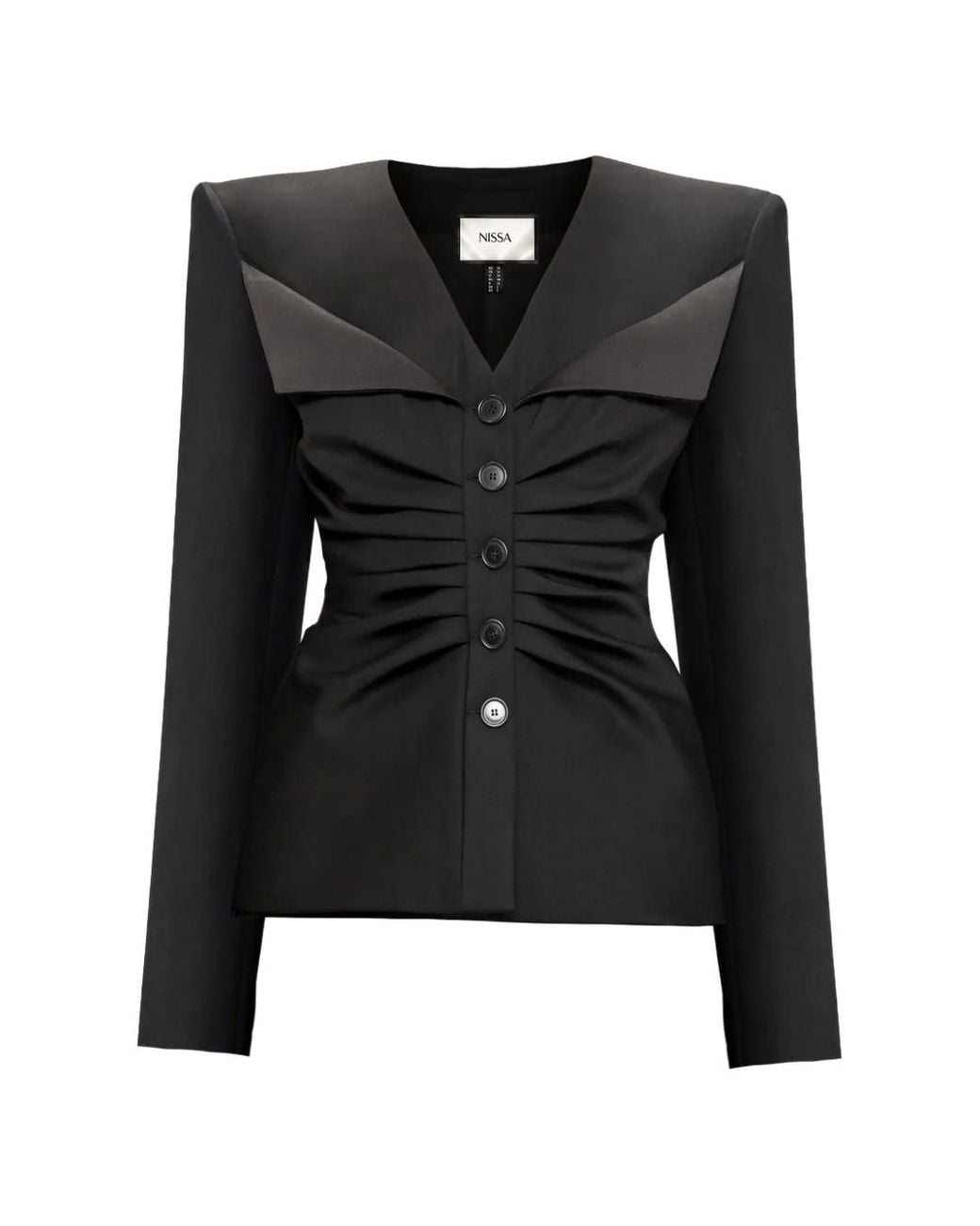 Nissa Black Wool-Blend Ruched Blazer