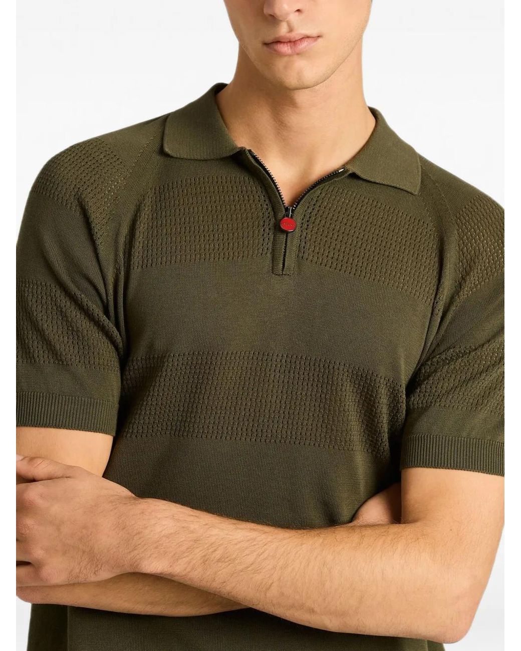 Kiton Green Openwork-Stripe Zipped Polo Shirt for men