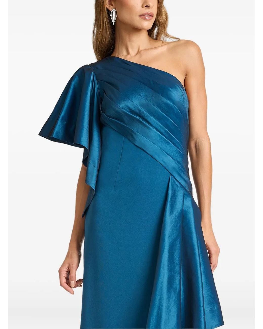 Tadashi Shoji Blue Draped One-Shoulder Taffeta Crepe Gown
