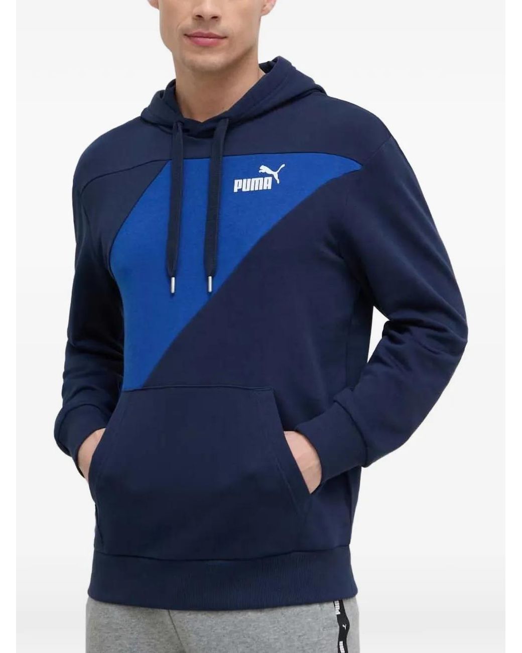 PUMA Blue Power Logo-Print Colour-Block Hoodie for men