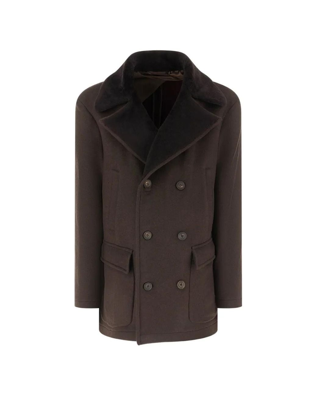 Corneliani Black Double-Breasted Shearling-Collar Peacot for men