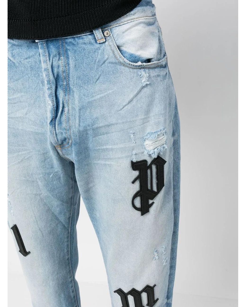 Palm Angels Blue Wash Logo Patch Denim Cotton Jeans for men