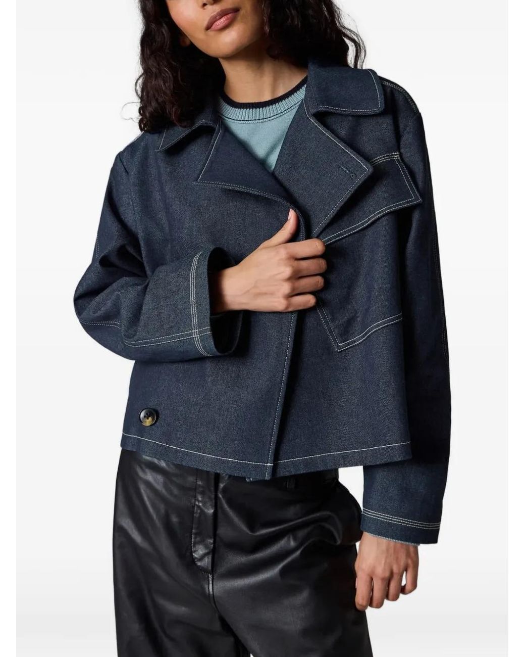 Paul Smith Blue Denim Cotton-Blend Cropped Asymmetric Jacket With Topstitching