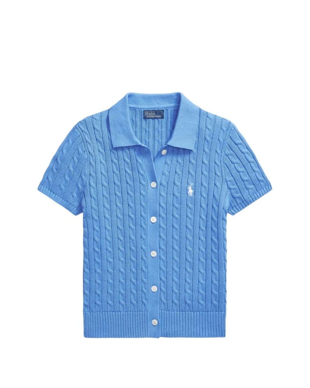 Polo Ralph Lauren Blue Cardigan En Maille Torsadée À Boutonnière