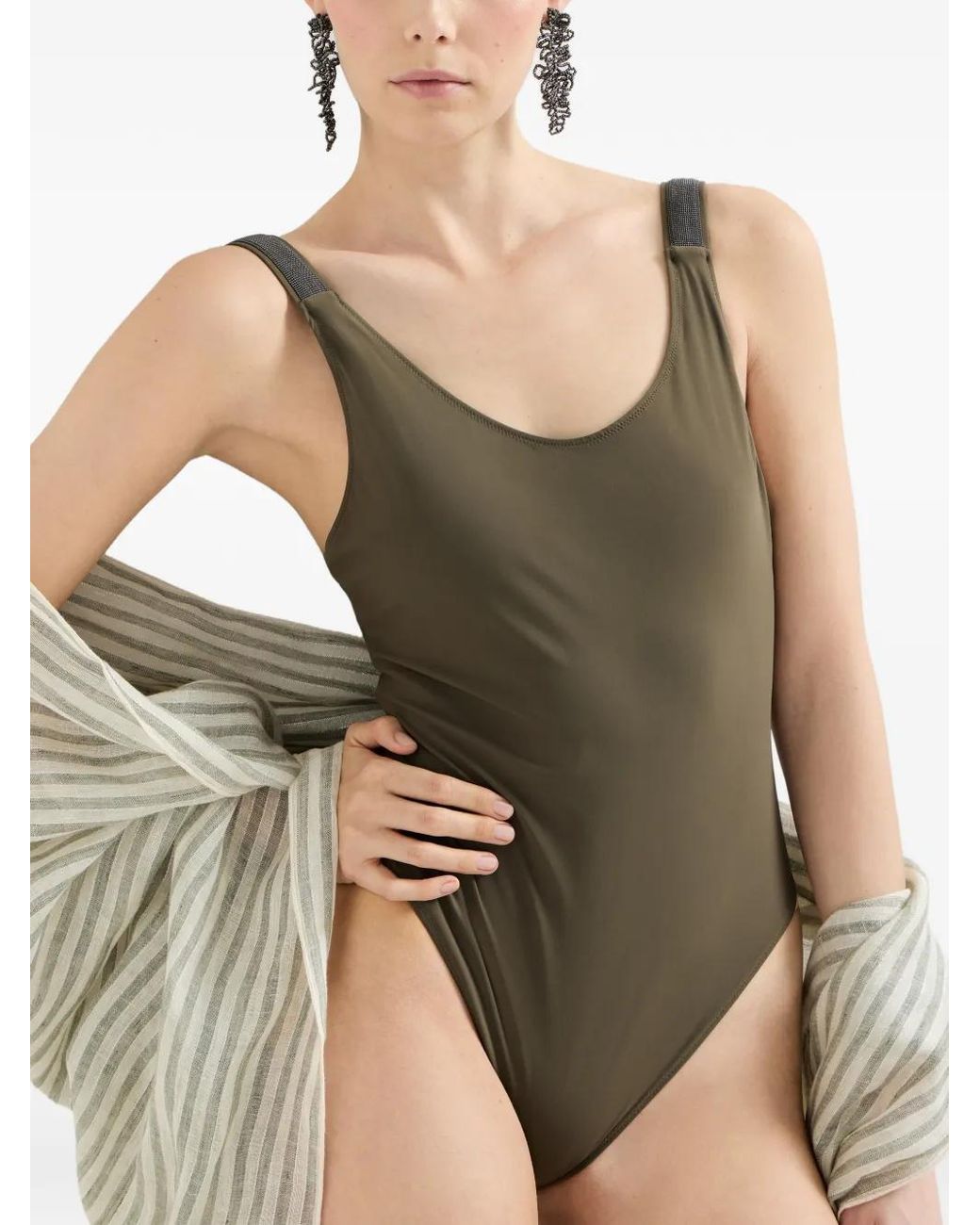 Brunello Cucinelli Green Techno Jersey Monili Swimsuit