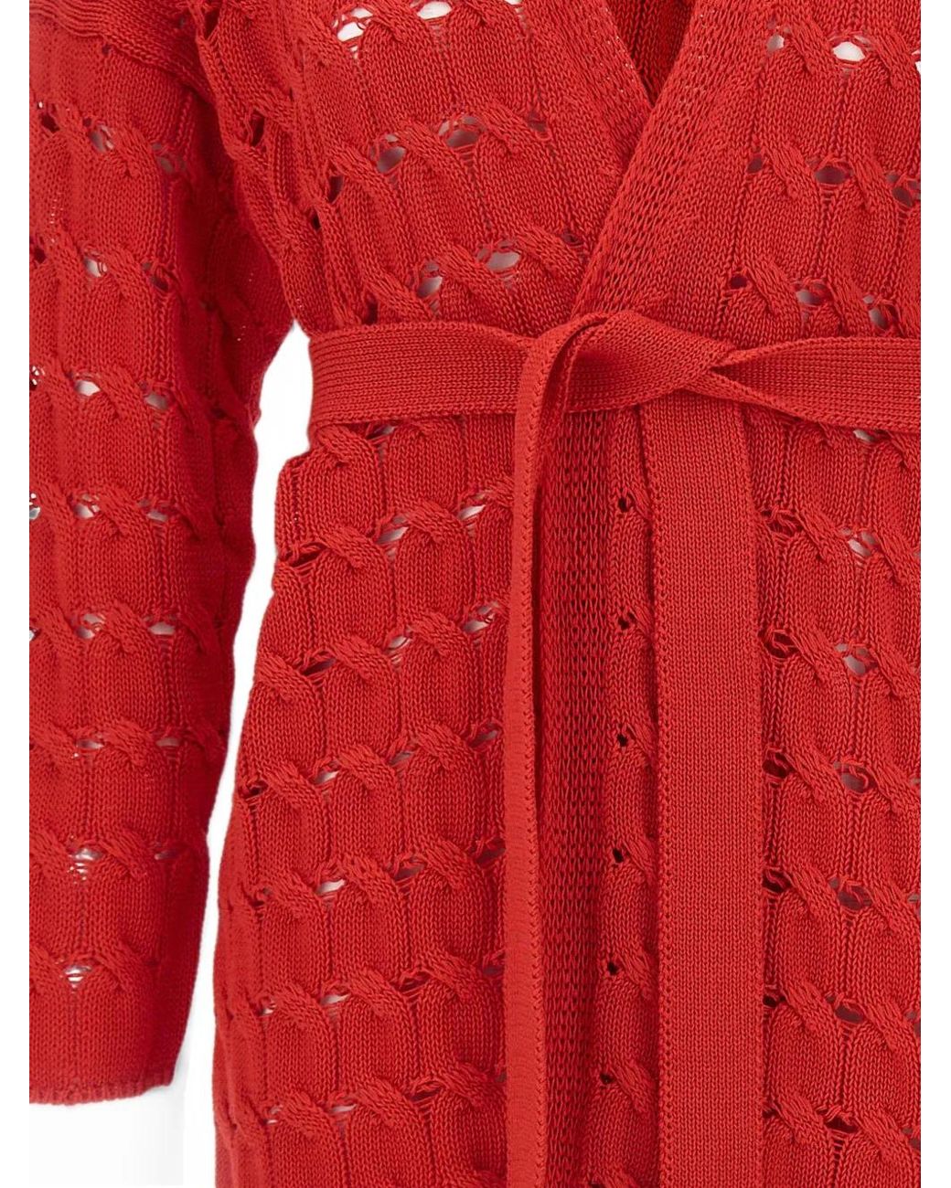 Kangra Red Cardigan Ceinturé En Maille Ajourée