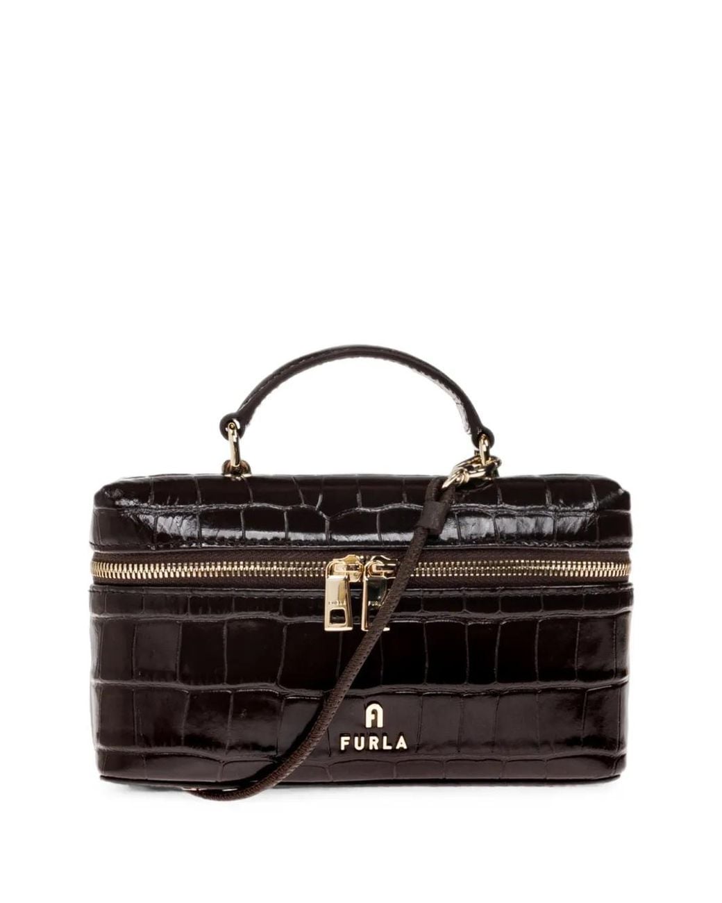 Furla Black Camelia Micro Croc-Effect Leather Crossbody Bag