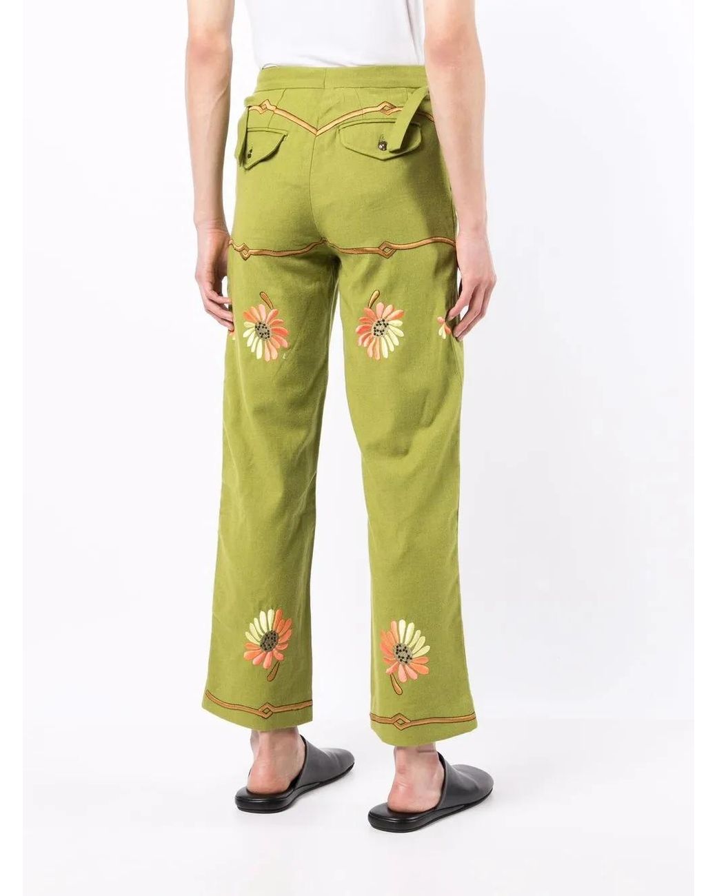 Bode Yellow Victorian Floral-Embroidered Trousers for men