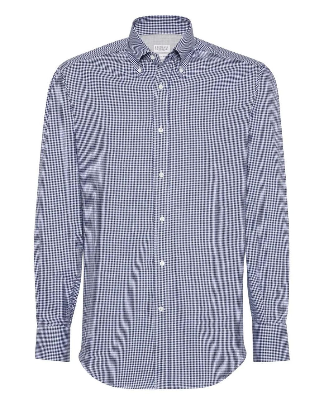 Brunello Cucinelli Blue Button-Down Collar Shirt for men