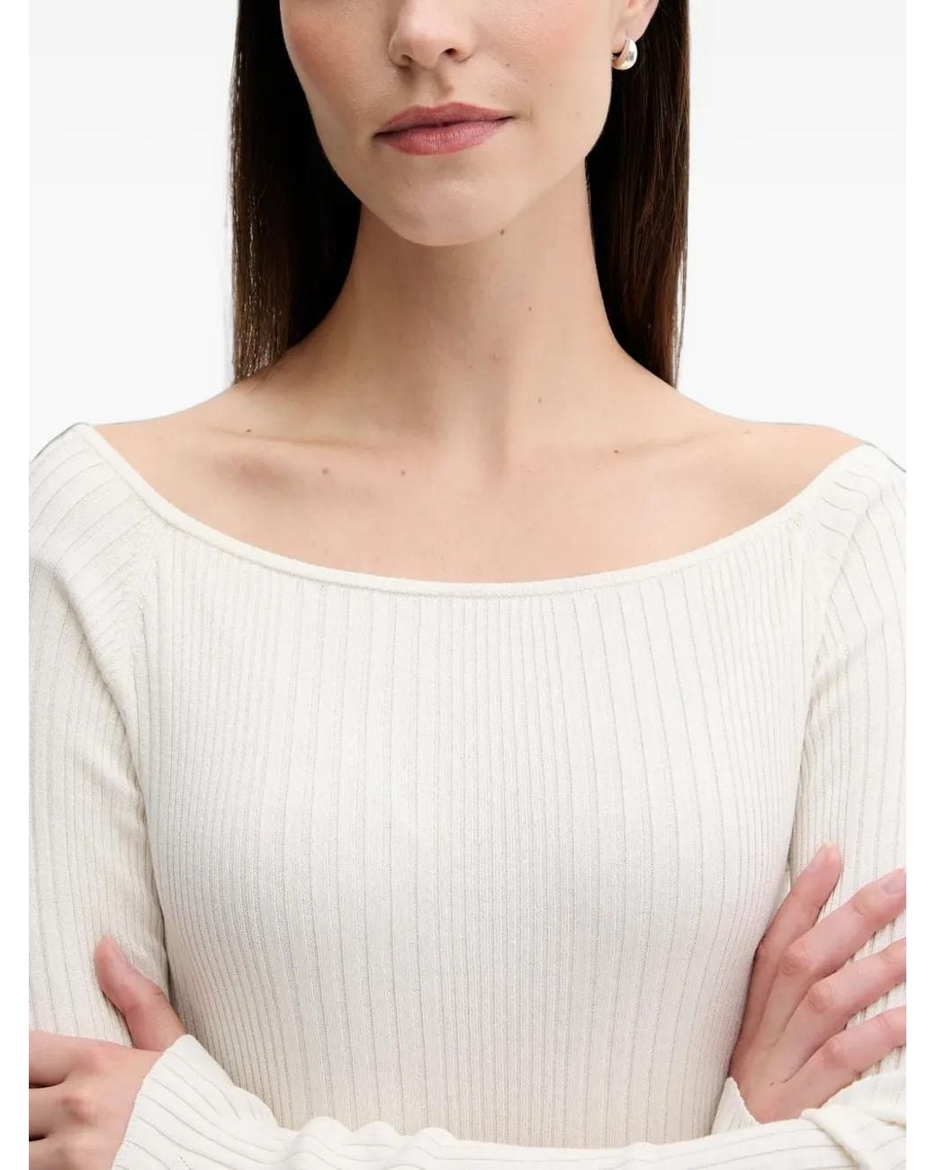 Benetton White Ribbed Boat-Neck Sweater