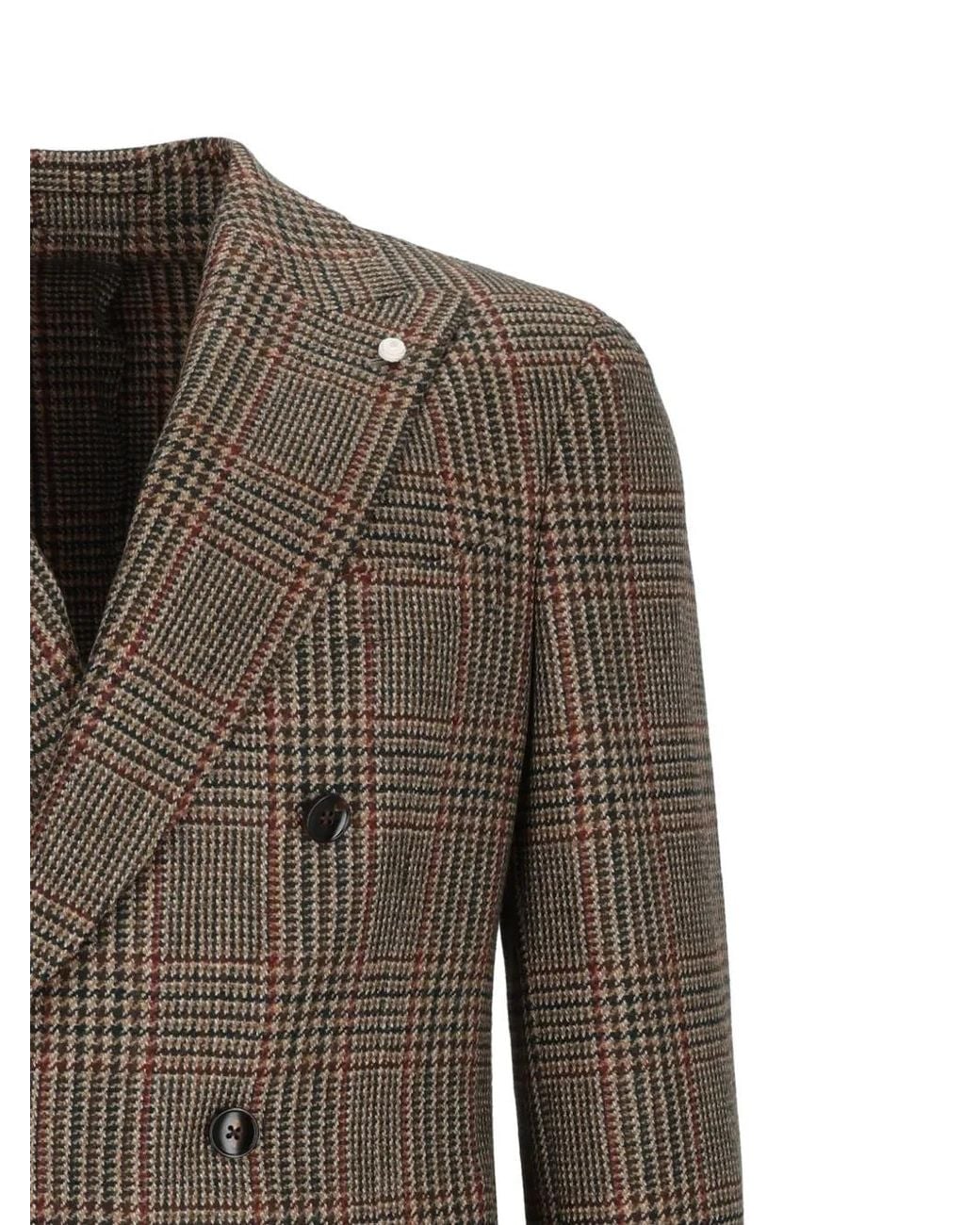 Luigi Bianchi Brown Check-Pattern Double-Breasted Blazer for men