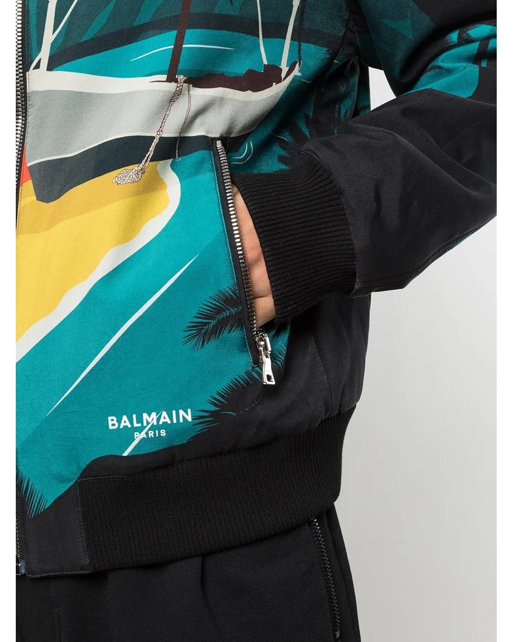 Balmain Gray Reversible Tropical Print Bomber Jacket for men