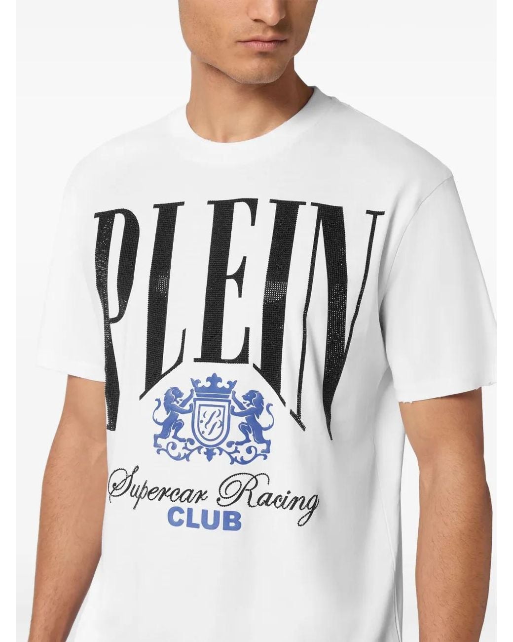 Philipp Plein White Jersey T-Shirt Round Neck Ss Strass Cars Racing for men