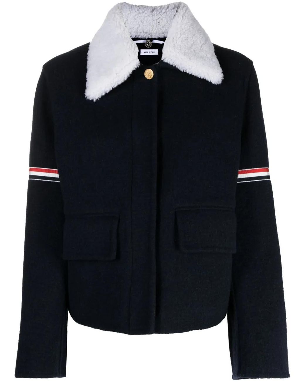 Thom Browne Black Wool Cashmere Armband Bell Sleeve Jacket With Shearling Collar