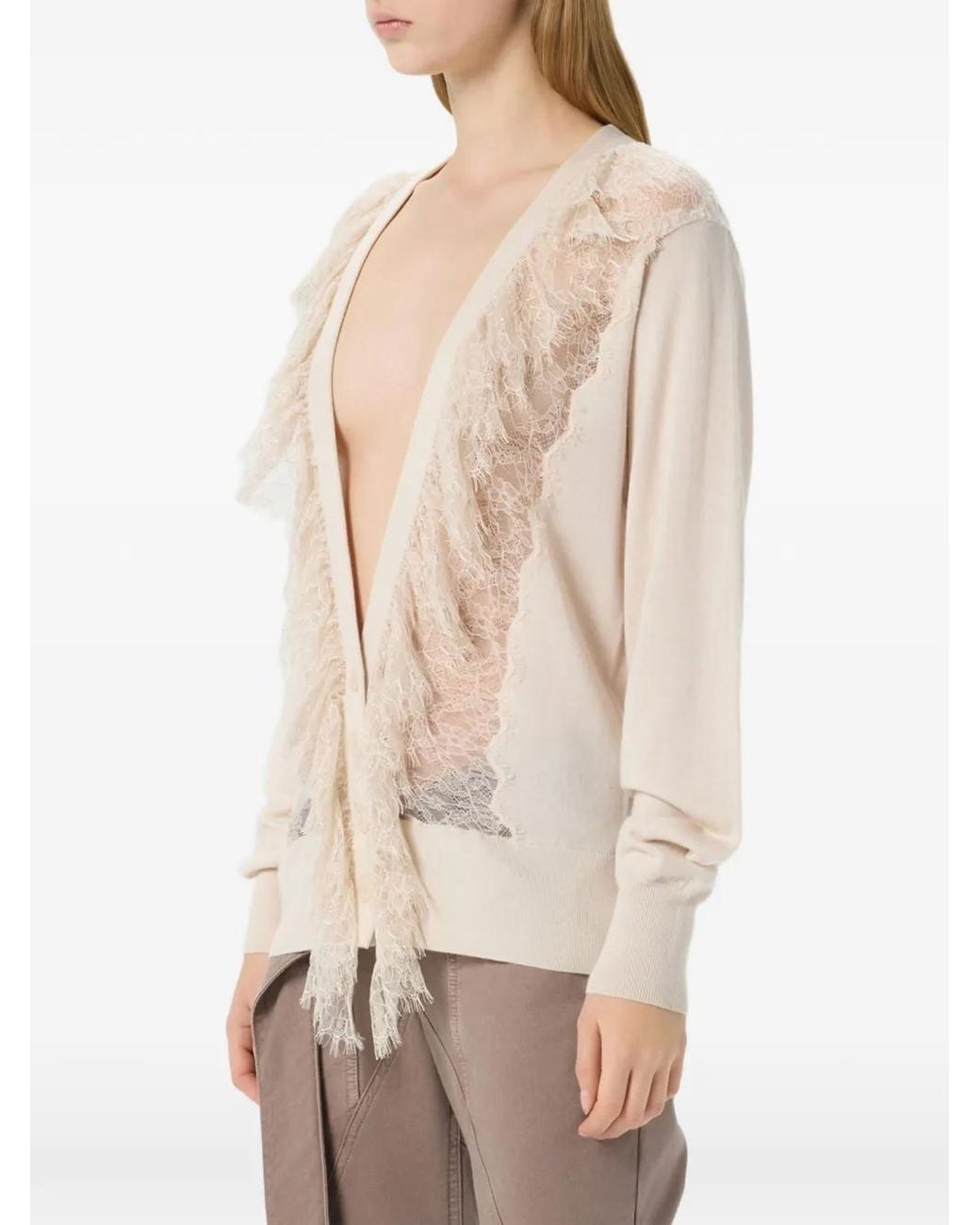 Blumarine White Cardigan À Volants Et Finitions En Dentelle