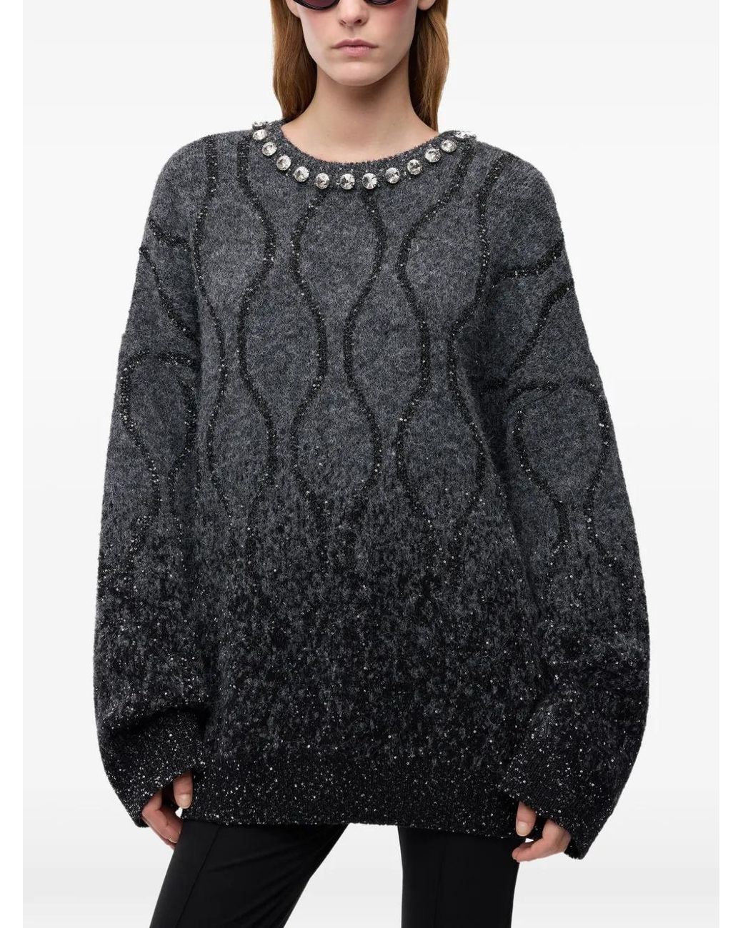 Pinko Black Sweater With Jewel Collar And Micro Sequins