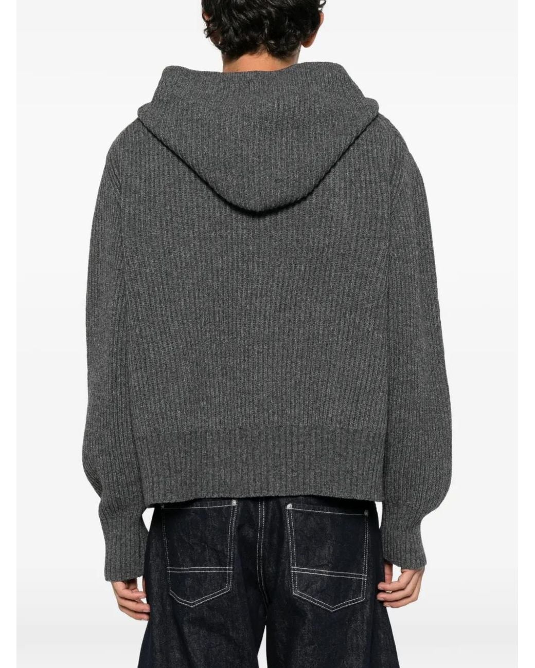 LC23 Gray Ribbed-Knit Zip-Up Hoodie Sweater for men