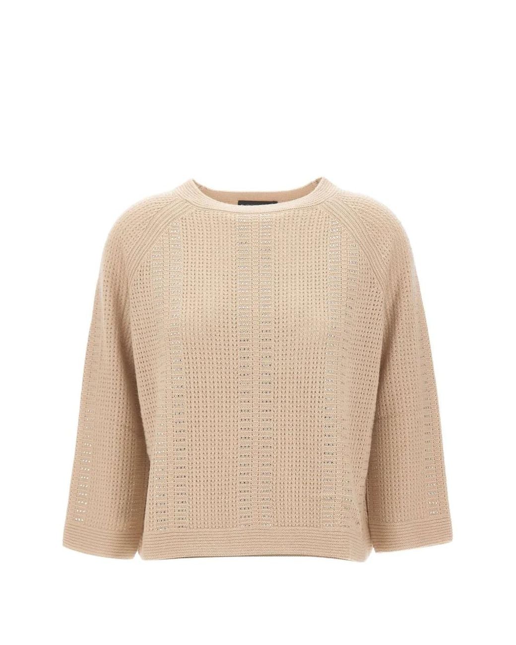 Elena Miro Natural Rhinestone-Embellished Open-Knit Sweater