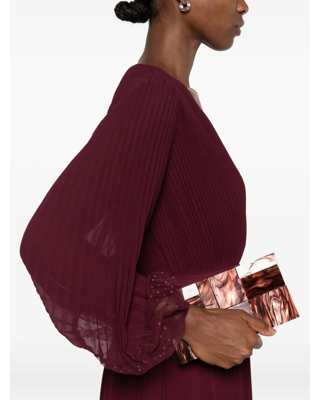 Twinset Purple Pleated Spotted-Panel Midi Dress