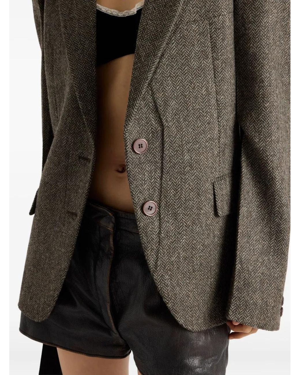 Prada Brown Veste En Laine À Chevrons Et Empiècements En Daim
