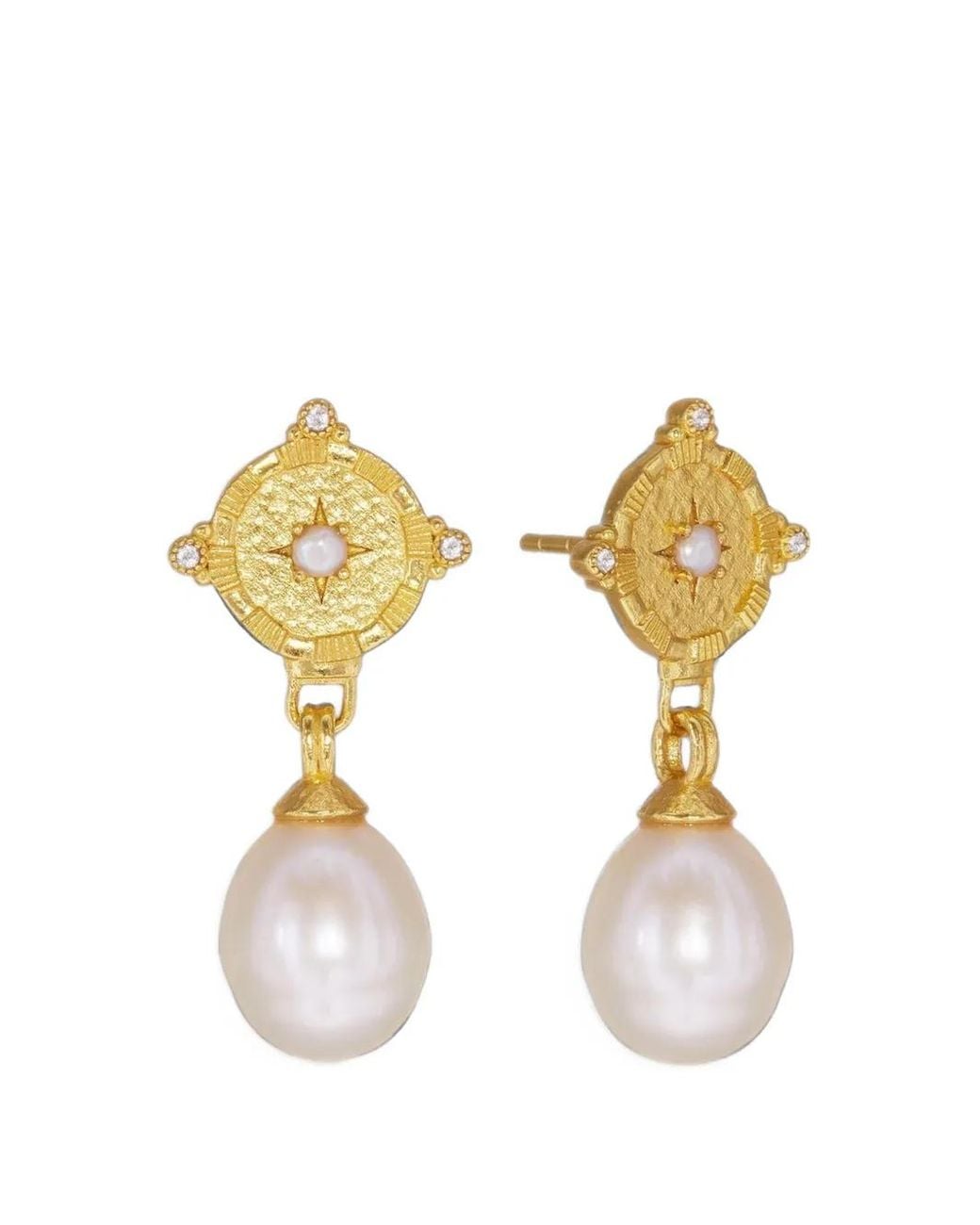 Ottoman Hands Metallic Pearl Shield Drop Earrings