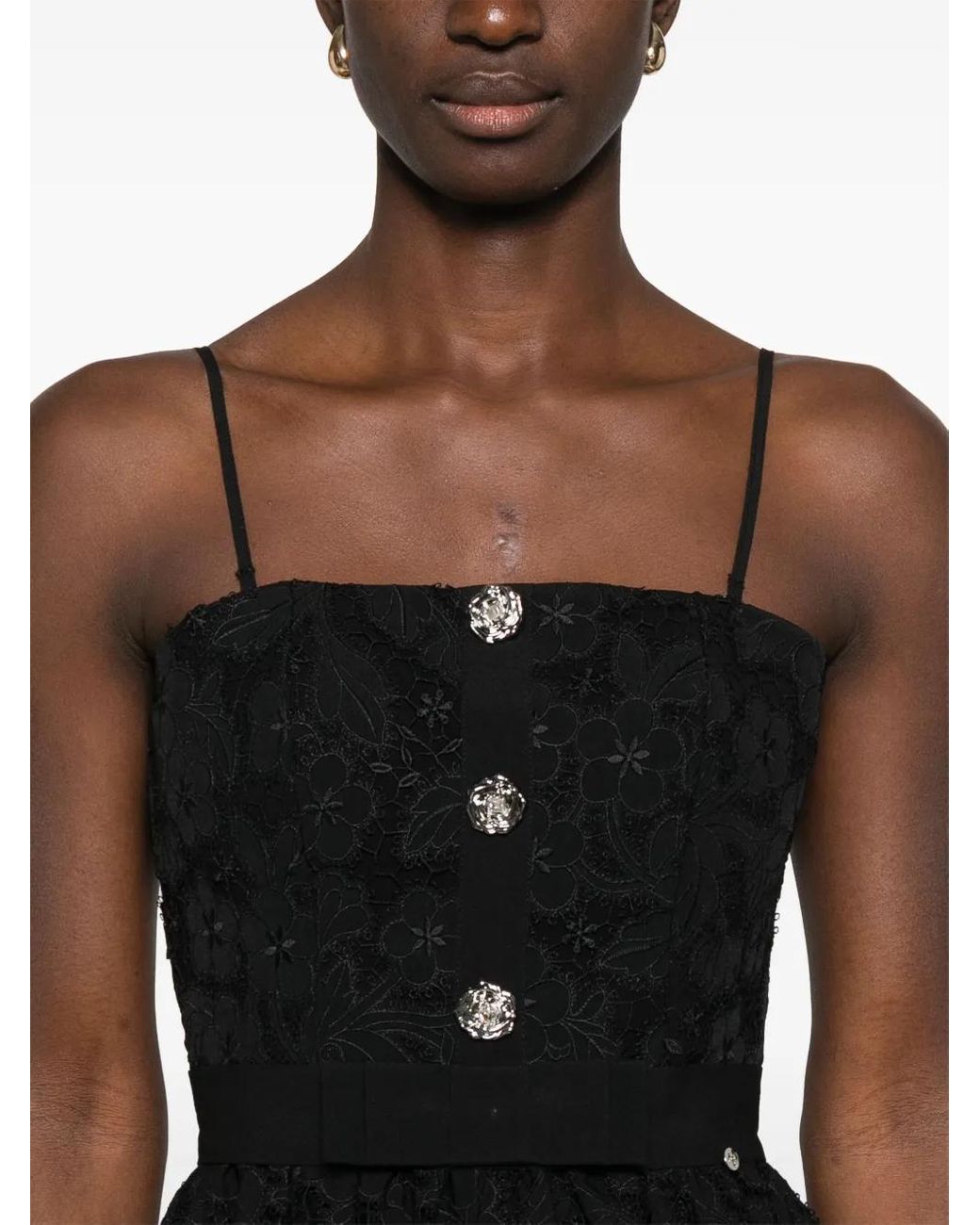 Nissa Black Floral-Lace Midi Dress