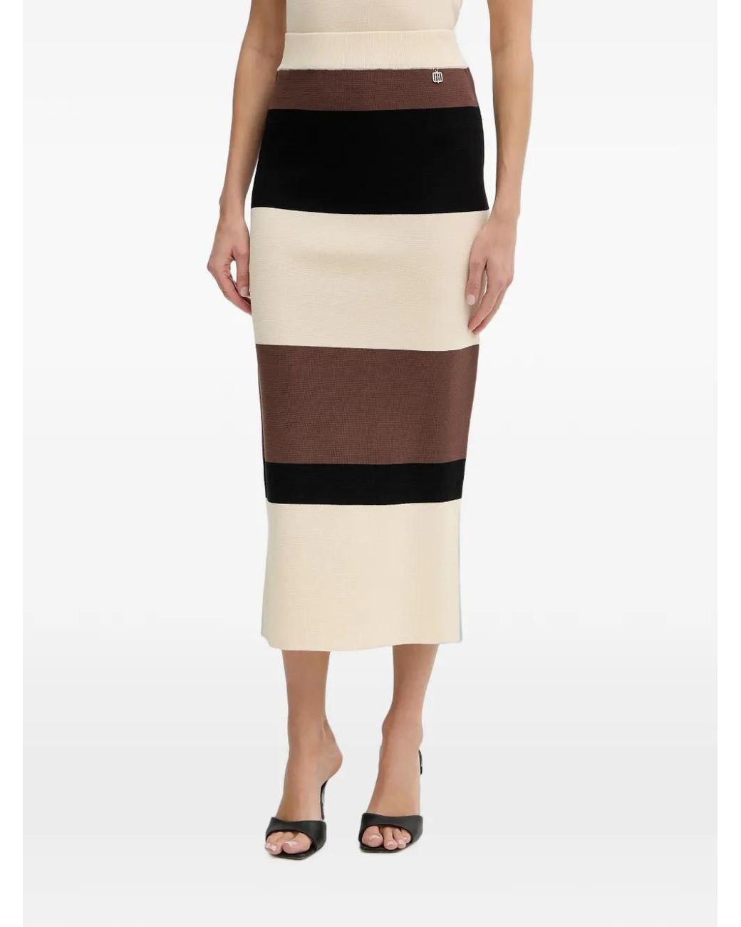 Fracomina Black Striped Logo-Plaque Midi Skirt